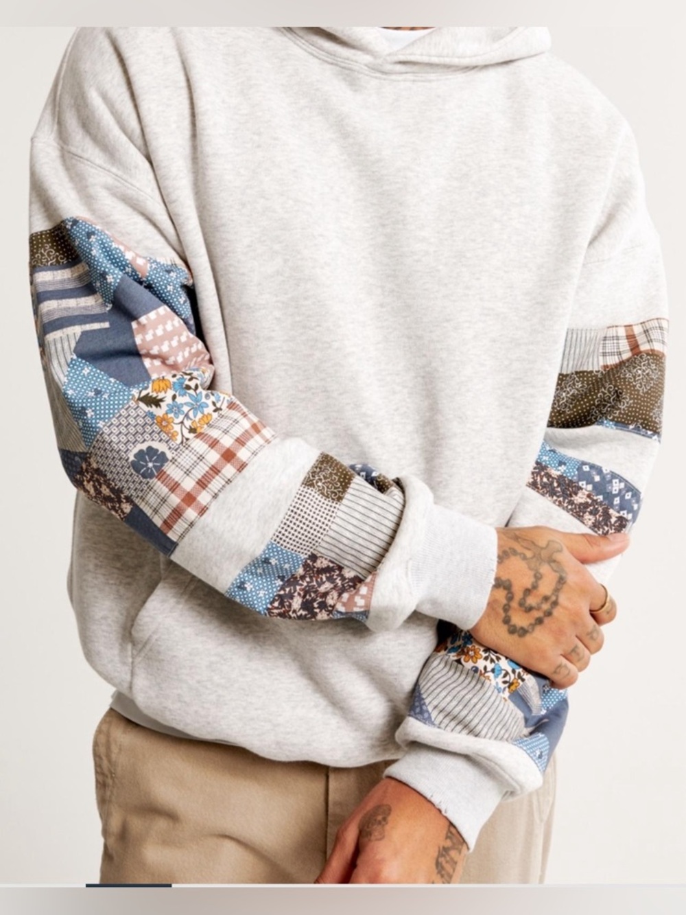 Abercrombie and Fitch Patchwork Hoodie Unisex Distressed Sz Medium Quilt Granny